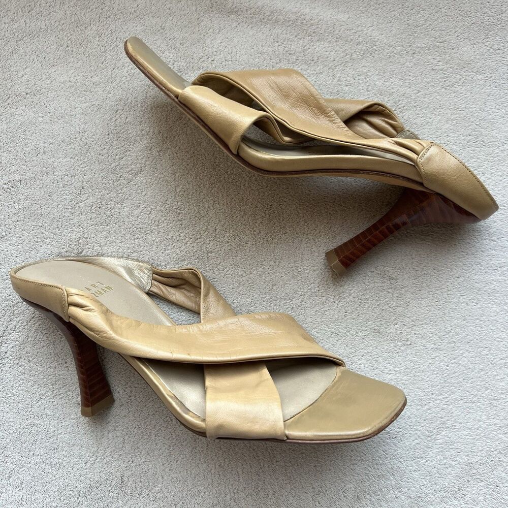 Stuart Weitzman Camel Brown Leather Slide Heeled Sandals Women 5.5 M Crossover‎